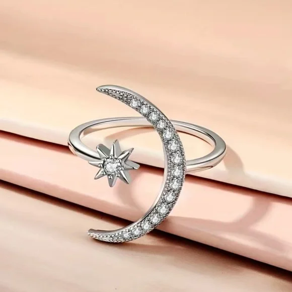 Adjustable Size Cuff Ring Crescent Moon And Star Design Shape Inlaid Rhinestones - Picture 7 of 8